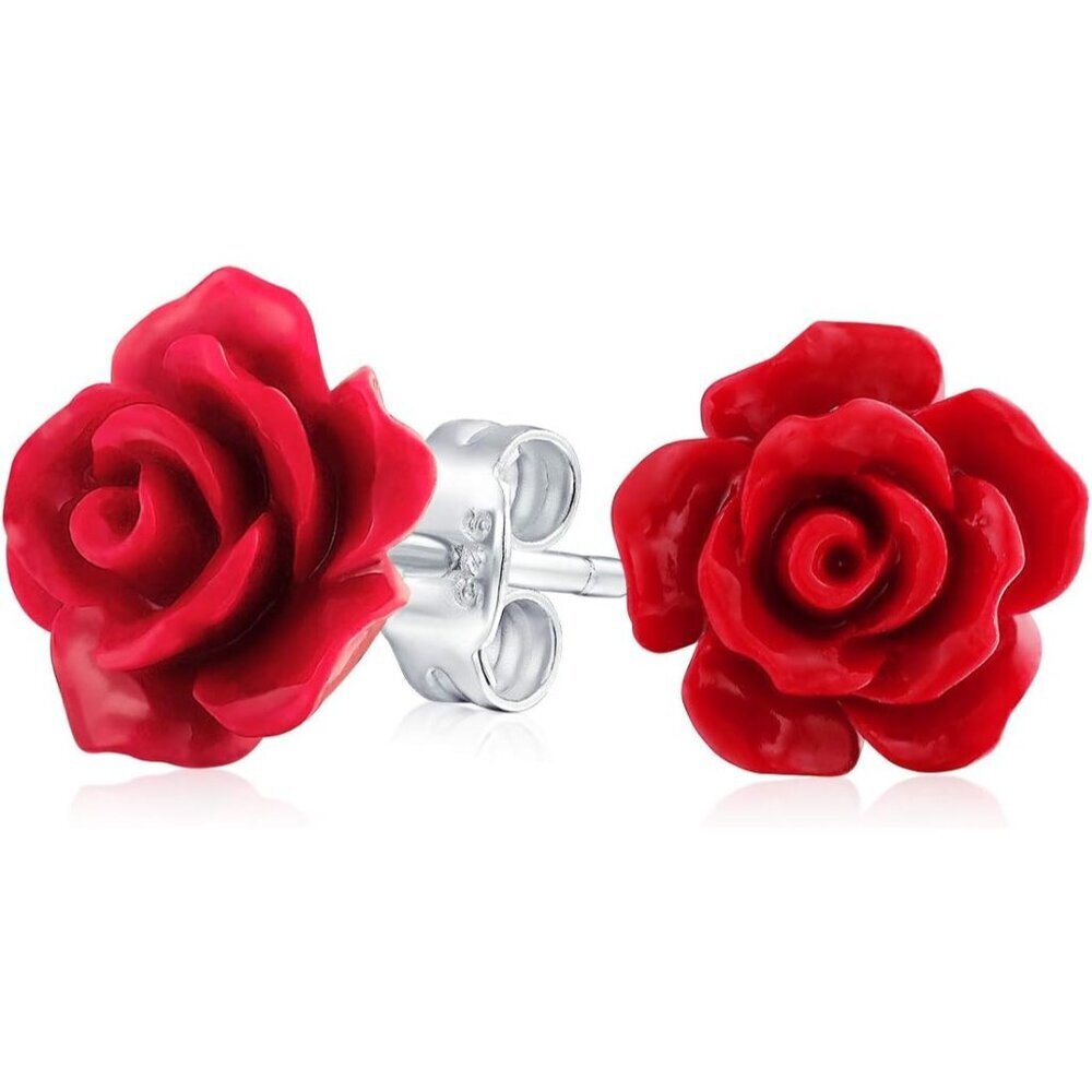Red Resin Rose Flower Stud Earrings 10MM Romantic Floral Jewelry